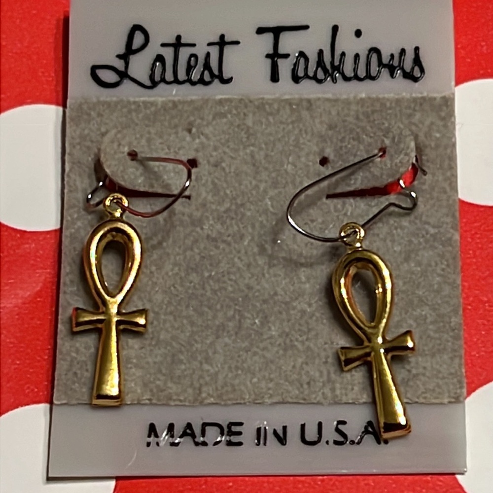 New Latest Fashion Egyptian Ankh Cross Gold Tone Dainty Dangle Earrings